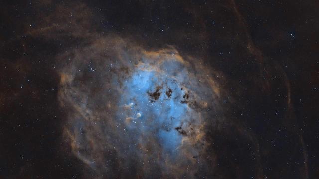 IC410/NGC1893: Tadpole Nebula & star cluster
Black background with some stars sprinkled throughout.

The is a lot of orange nebulosity spread throughout but more so concentrated around center of image. Nestled in the center is an area of blue nebulosity and some small patched of black.