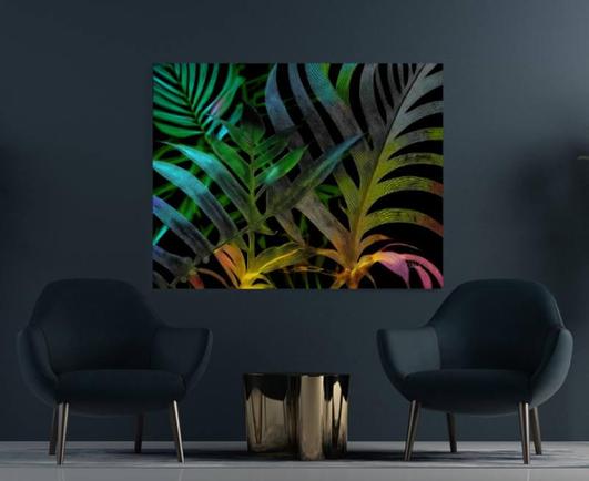 TROPICAL LEAVES AT NIGHT showcases colorful leaves against a black background