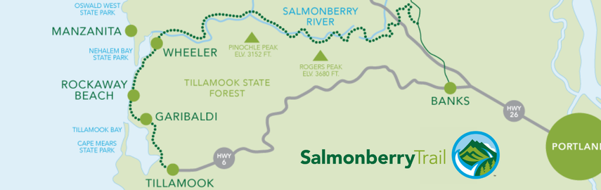 map of the salmonberry trail starting in Banks, andwinding along the Salmonberry river to Wheeler and then down the coast to Rockaway Beach, Garabaldi, and finally ending in Tillamook. 