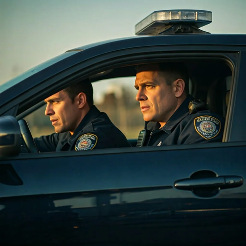 Two police officers in police car looking outside talking