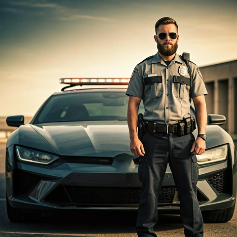 Young police officer bearded standing in front of police car in summer time