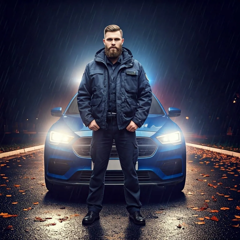 Young police officer bearded standing in front of police car in the rain in autumn