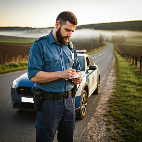 Young police officer bearded standing writing the ticket in front of police car in the morning in countryside