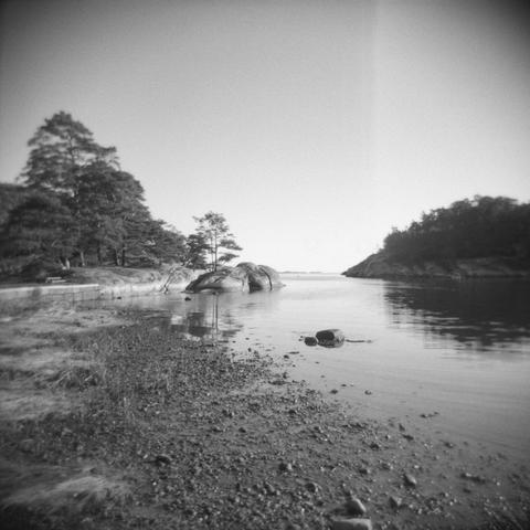 A fjord at low tide, with lots of visible rocks on the ground. Forests and small cliffs in the background, and a light leak from the camera in the shape of a vertical line on the right of the image.