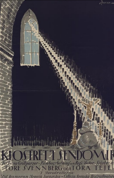 a promotional poster for the movie, it is a painting, there is a window in an old stone building, stairs of light running diagonally from the peak of the arched window, down, the the lower right corner, the title of the film and the credits are at the bottom