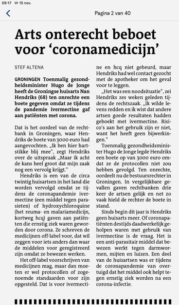 Screenshot van artikel in DvhN Vr 15 nov.
Arts onterecht beboet voor 'coronamedicijn'

De tekst van de twee kolommen staat in de volgende foto’s.