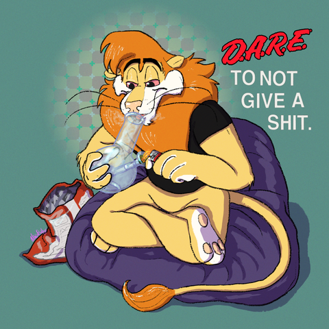 Daren the lion, from the failed drug-free campaign DARE, is sitting on a purple beanbag chair, legs crossed and using a bong to smoke cannabis flower. An open bag of chips (doritos) is next to him. The font "DARE to not give a shit." is to the right of Daren's head.