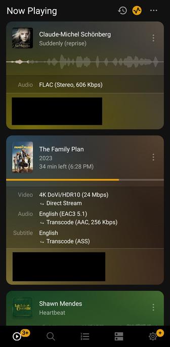 Screenshot showing streaming status in Plex, with the current media being played, streaming progress, and some details redacted.