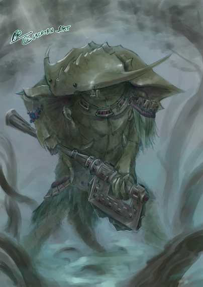 digital illustration of a horseshoe looking crab person,wielding a mesoamerican inspired axe, amid a swamp