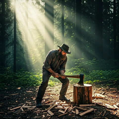 Bearded Woodsman chopping woods in the woods