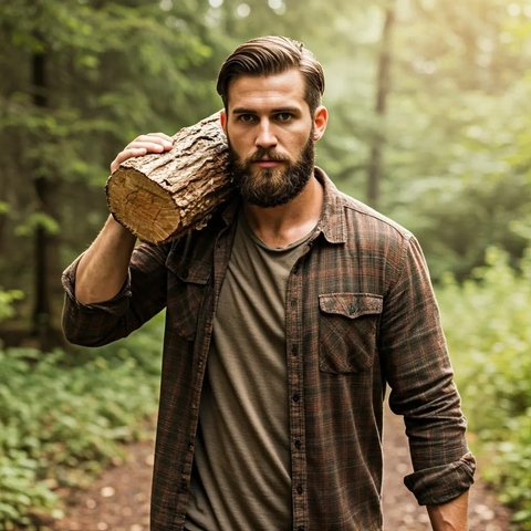 Athletic bearded young man carrying wood log in the forest in summer time