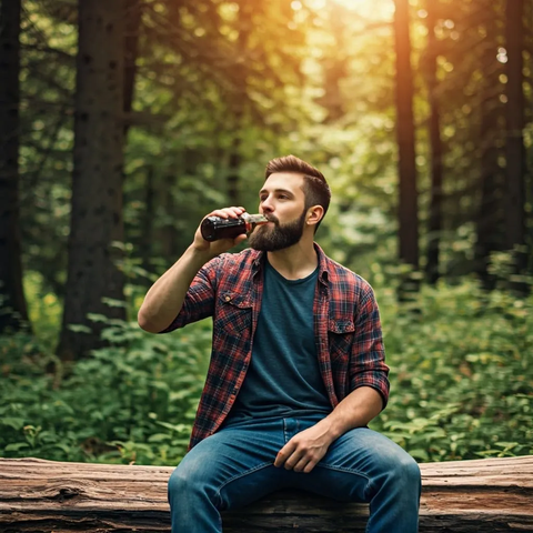 Athletic bearded young man sitting on a log drinking cola in the woods summertime