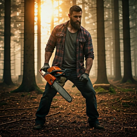 Athletic bearded woodsman holding on a chainsaw in the woods