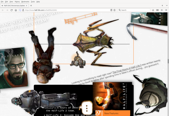 The Half-Life 2 anniversary website with text, and images jumbled all over the window. In the centre of the screen is a gravity gun