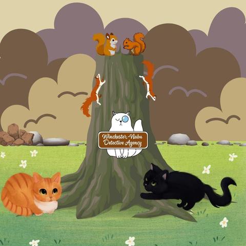 clip art from Canva used to create dying bushes in the background (brown shades), stones on the ground, then a tree stump featured in the middle. There are 4 clip art (not AI) red squirrels on the tree stump. Illustrated orange and white tabby Ollie in "cat loaf" position with his arms tucked under and "ready to pounce" black cat Gus were drawn by Ele Rondi (ko-fi); there's clip art grass filling in the space around the tree stump.
The Winchester-Nabu Detective Agency Logo is in the center of the picture on the tree stump - of a round white cat wearing a monocle with text banner.