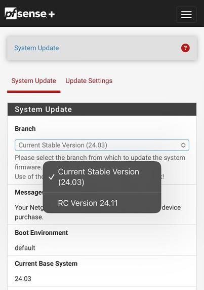 A pfSense web UI showing the option to install the release candidate in a drop-down menu.
