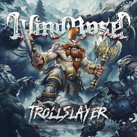 Portada del disco Trollslayer de Wind Rose. Es un dibujo de un guerrero enano blandiendo un hacha en cada mano en posición amenazante mientras le rodean un grupo de criaturas como orcos, trolls o esqueletos.