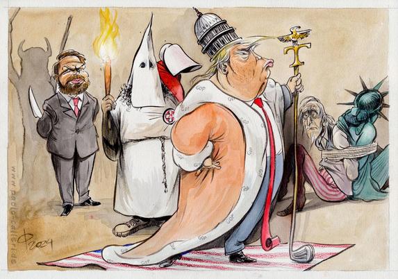 Karikatur. Trump in königlicher Pose. Er steht auf einer US-Flagge. Als Krone trägt er die Kuppel des US-Kongress auf dem Kopf. In seiner linken Hand hält er einen Golfschläger, dessen eine Ende ein goldenes T und ein Adler ziert. Im Hintergrund steht ein Klu KLux Klan Anhänger mit Fackel in der Hand. Vizepräsident Vance blickt auf das Geschehen, er hält ein Messer hinter seinem Rücken versteckt. Eine Frau mit Haube hält ihren Kopf gesenkt. Der Schatten eines Büffelmützenträgers ist angedeutet. Am Boden neben Trump kauern aneinandergefesselt Uncle Sam und die Freiheitsstatue.