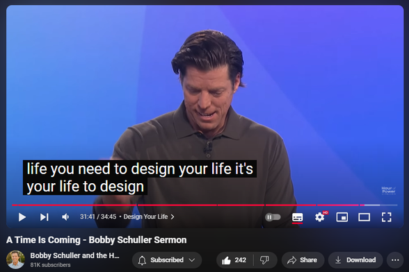 https://www.youtube.com/watch?v=oPJ27W2bjNc
A Time Is Coming - Bobby Schuller Sermon
5,172 views  9 Nov 2024  IRVINE
In today’s episode, Pastor Bobby Schuller continues teaching from Mark chapter 10, the healing of the blind man. Bartimaeus is hungry for his miracle and is a man who will not be hushed. Bobby says God loves a hungry heart! Take hold of the word of God and His promises. Take hold of your destiny and go after the victory in your life, with today’s message: “Take Heart, Get Up, He is Calling You.”

🔗 Full service:     • Take Heart, Get Up, He is Calling You...