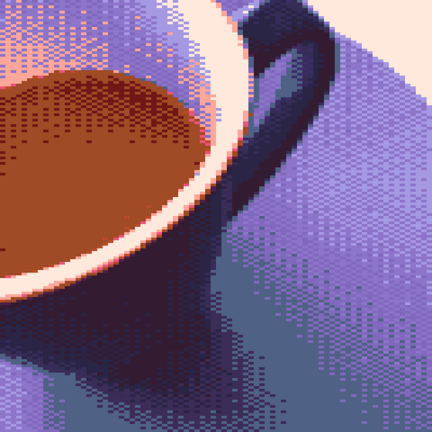 A low-resolution, heavily dithered image of a cup of tea, consisting of clearly visible, chunky double-width pixels. The cup is shown in 3/4 top-down view and is sitting on a grey background. It contains tea.