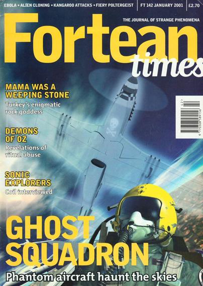 The front cover of Fortean Times: The Journal of Strange Phenomena No 142 for January 2001, featuring an illustration of a pilot of the Czech 312 Squadron flying their aircraft while a translucent ghost plane flies overhead, in reference to the feature article "Ghost Squadron: Phantom Aircraft Haunt the Skies."