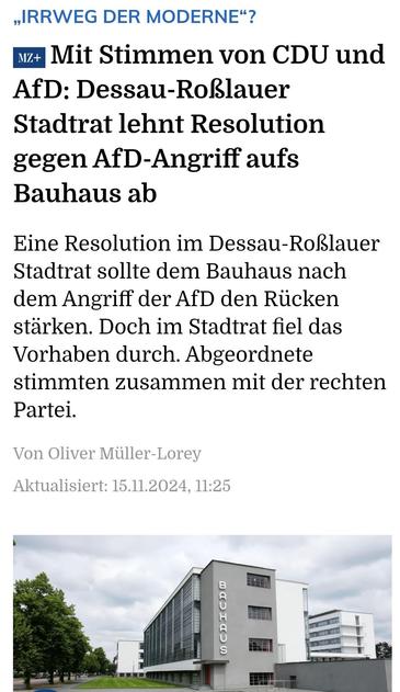 Screenshot eines MZ-Berichts über eine im Stadtrat von Dessau-Roßlau mit Stimmen von CDU und noAfD abgelehnte Resolution gegen die Angriffe der noAfD auf das Bauhaus.