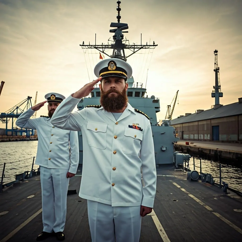 Sailors bearded in white sailor uniform saluting from the navy ship in a port