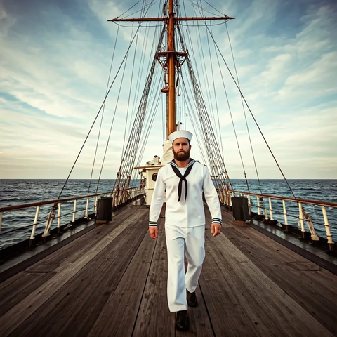 Sailors young athletic bearded in white navy sailor uniform walking on a navy ship sailing in Atlantic Ocean