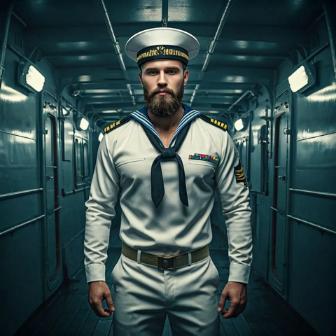 Sailor young athletic bearded in white navy sailor uniform inside navy ship