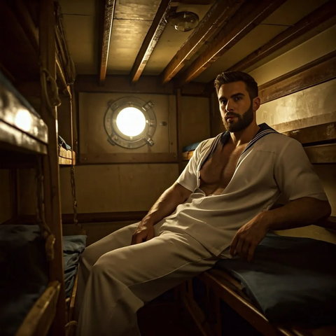 Sailor young athletic bearded in white navy sailor uniform shirtless inside bunk beds quarters