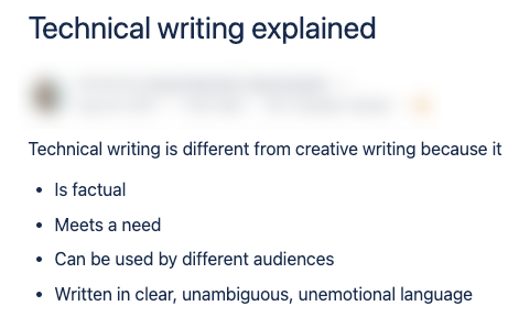 Title of the page: Technical writing explained
Author and org blurred out
Page content: 
Technical writing is different from creative writing because it
- Is factual
- Meets a need
- Can be used by different audiences
- Written in clear, unambiguous, unemotional language

and that was it. that was the whole page. 