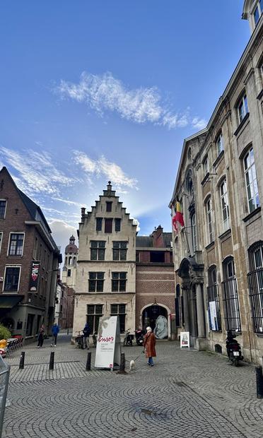 A city square with cobblestone paving and historic European architecture under a clear blue sky. In the center, a building with a stepped gable façade is surrounded by older structures. There's a person in a brown coat walking a small dog nearby.