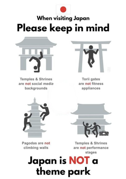 This infographic features four illustrations explaining behaviors to avoid at cultural sites in Japan. It includes messages like "Temples & Shrines are not social media backgrounds," "Torii gates are not fitness appliances," "Pagodas are not climbing walls," and "Temples & Shrines are not performance stages." The bold conclusion at the bottom states, "Japan is NOT a theme park," urging visitors to respect cultural heritage and traditions.