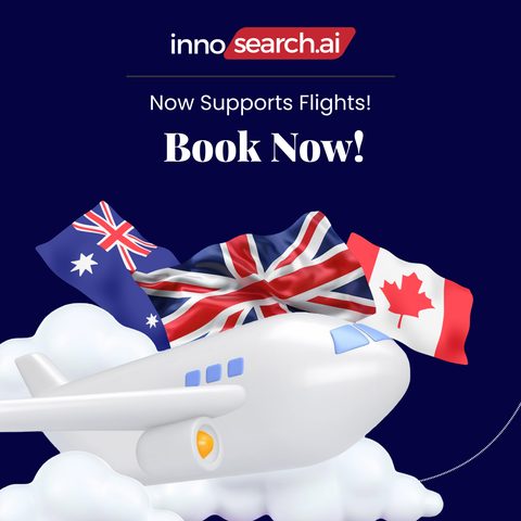 A graphic promoting InnoSearch AI's new flights feature. The image shows a white airplane flying through fluffy clouds with three flags trailing behind it: the Australian flag, the United Kingdom flag, and the Canadian flag. At the top, the InnoSearch AI logo is displayed with the text: "Now Supports Flights! Book Now!" set against a dark blue background.