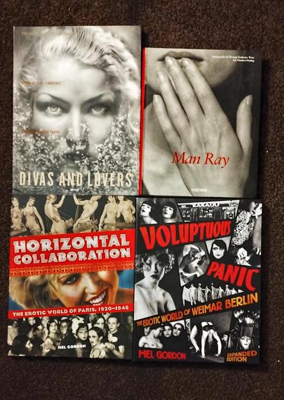 4 art books. 
Divas and Lovers. Man Ray. Horizontal Collaborations. Voluptuous Panic. 