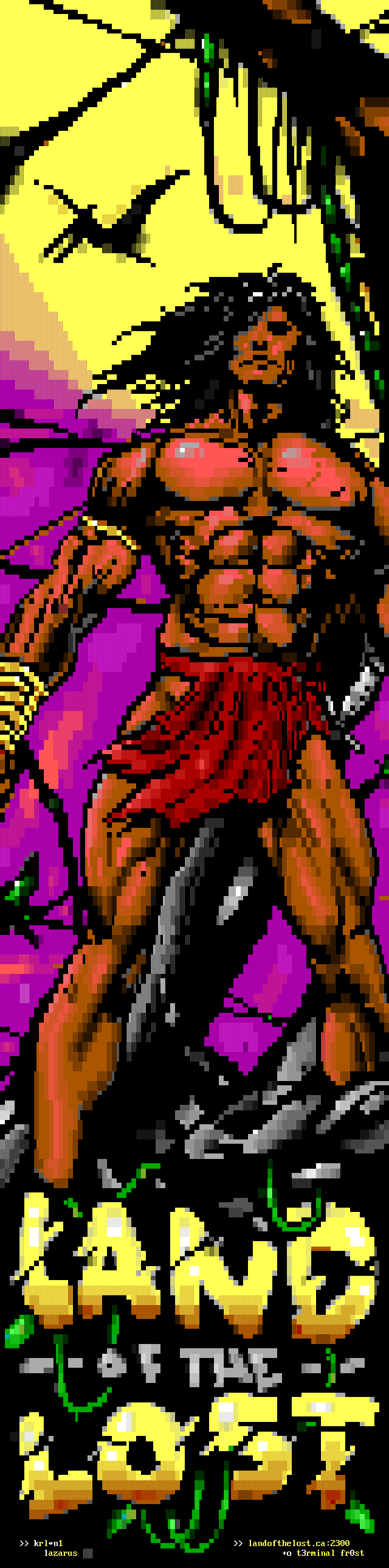 a piece of ANSI art advertising the 'Land of the Lost' telnet service. It depicts Tarzan in the jungle.