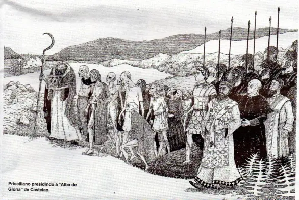 Vemos un grupo de gente de la antigüedad acudiendo a una reunión religiosa al aire libre. Hay religiosos y soldados romanos con lanzas y una figura con guadaña y su cabeza (una calavera) en una caja trasparente. Abajo a la derecha aparece el texto "Prisciliano presidiendo el Alba de Gloria, de Castelao".