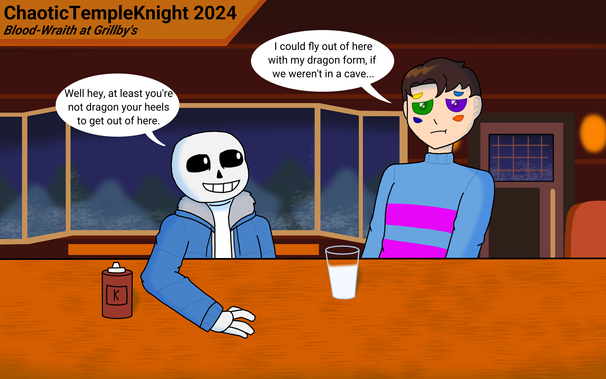 Oh look, it's that one main character I keep forgetting to draw. Given ULTRAMagic Alternate's roots as an Undertale AU, it seems fitting that there would be some art featuring some of the characters in an Undertale scene. Truthfully I had plans to draw Blood in his true form running into Frisk, but this won out due to me watching some old comic dubs.

Somehow Blood ended up in the underground. After assuring Toriel he really needed to get back to The Unlight and that he could handle whatever came his way, he set out towards Snowdin (not without a warm sweater and a coat, of course). He naturally ran into Sans, who was curious about his odd nature and took him to Grillby's to talk.

At what point in UMAE is this taking place? After chapter 20 of ULTRAMagic Chaos.