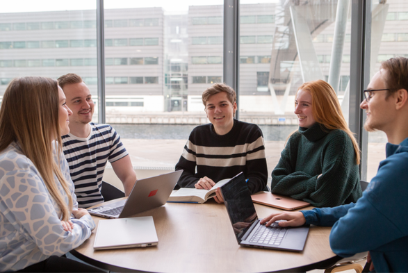 Software Students at Aalborg University's campus in Copenhagen engaged in project work. 
Behind them the harbor front is visible. 