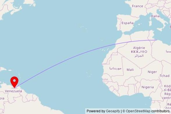 A map showing the great circle route from Sabratha in Libya to a map pin at Capilla San Martín de Porras, Calle Monteverde, San José de Guanipa 6054, Anzoategui State, Venezuela