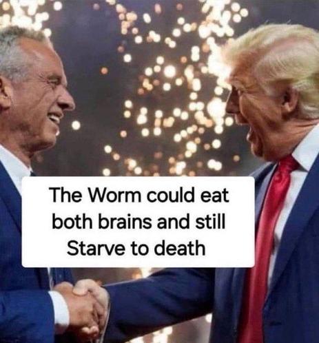 Photo of Trump and RFK jr. shaking hands. Text reads "the worm could eat both brains and still starve to death."