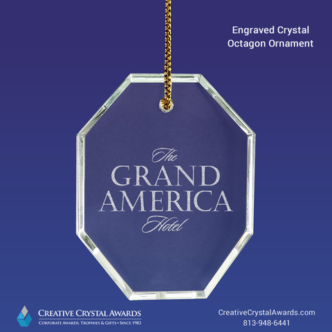 Engraved crystal octagon ornament, octagon crystal ornament, crystal octagonal ornament, octagonal crystal ornament, octagon shape crystal ornament, crystal octagon shape ornament, crystal promotional ornament, crystal suncatcher ornament, crystal Christmas ornament. Crystal holiday ornament, engraved glass ornament, Creative Crystal Awards USA