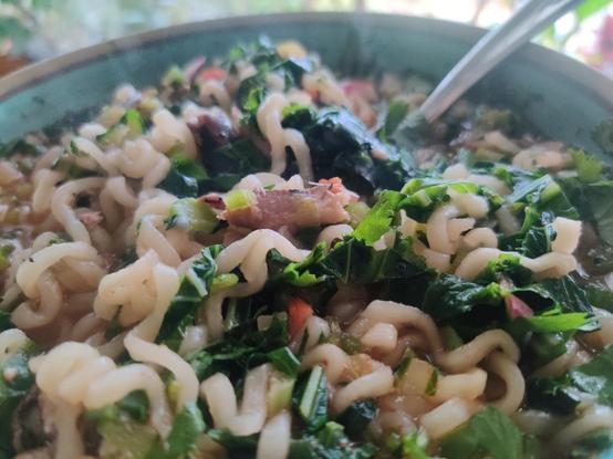 A delicious bowl of ramen noodles, chunks of fish and veg galore.