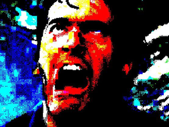 An image of Bruce Campbell from The Evil Dead 2, as it would appear on a Sinclair ZX Spectrum microcomputer from the 1980s. The image is rendered in bright, primary colours with clearly visible dithering and consists of a close-up of a screaming face. 