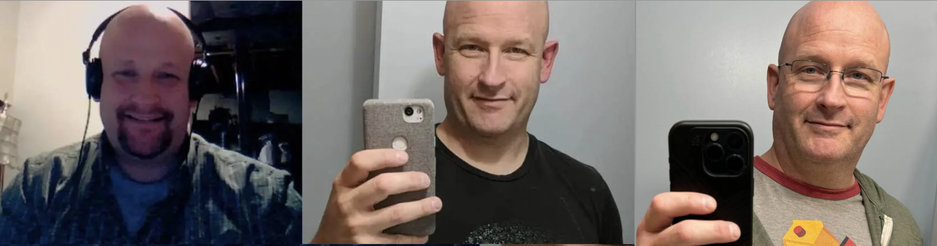 Three selfies stitched together from 2011 (age 35), 2018 (age 42), 2024 (age 48)