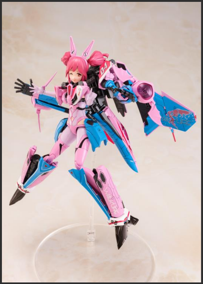 a figure, it is a female with pink hair with a  mechanized tranforming jet that surrounds her body 