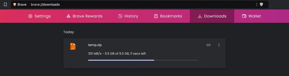 Screenshot of the Brave browser's Downloads page, showing an item in the process of downloading, with its download status displayed.