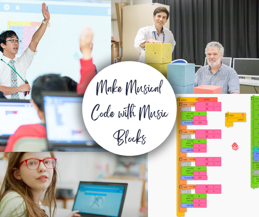 A postcard-like image that says "Make musical code with Music Blocks" in the center.

There are four other images. One of a teacher raising his hand in a classroom, one of a student looking at the camera, one of Music Blocks code, and one of Walter Bender and Devin Ulibarri posing in front of physical blocks.