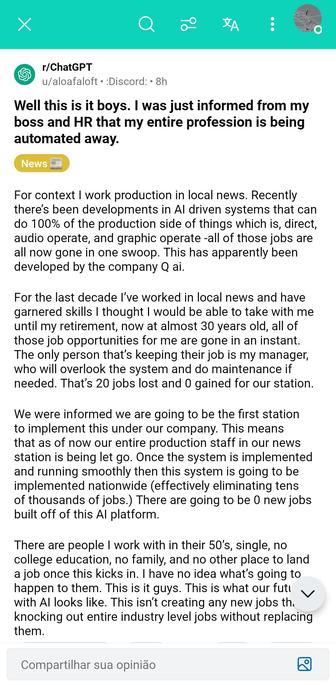 Reddit post narrating layoffs in local news outlet caused by AI