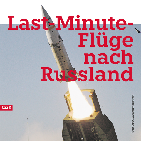 Zu sehen ist eine Rakete. Dazu der Titel: Last-Minute-Flüge nach Russland
